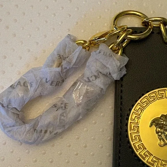 Versace Gray Leather Medusa Keychain Tag with Gold Tone Medallion - Picture 5 of 8